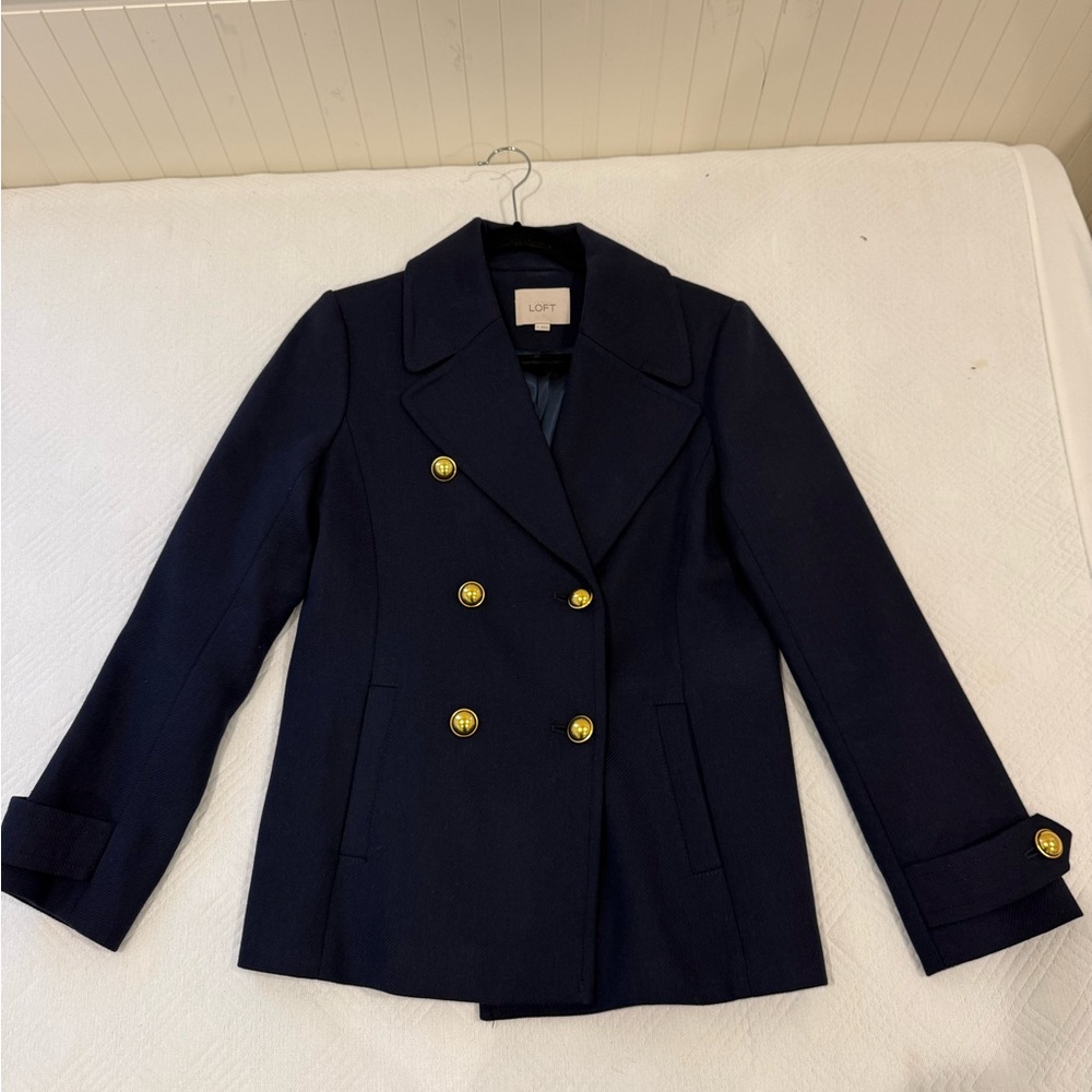 LOFT Women's Dark Blue Pea Coat with Gold Buttons